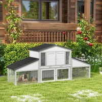 PawHut Large Rabbit Hutch with Run, Outdoor Bunny Cage, with Tray, Ramp - Light Grey(m-10)