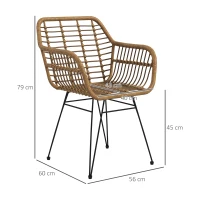 HOMCOM Set van 2 Boho-Stijl Stoelen, Keukenstoelen, PE-Rattan, 56 x 60 x 79 cm, Natuurlijk + Zwart(m-3)