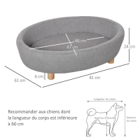 PawHut Canapé lit panier chien chat sur pied coussin moelleux pieds bois massif bouleau dim. 81L x 61l x 24H cm velours polyester gris(m-3)
