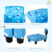 HOMCOM Toddler Chair Children's Armchairs Wood Frame w/ Footrest Anti-Slip Legs High Back Arms for Bedroom Playroom Cute Cloud Star Blue(m-7)