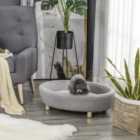 PawHut Canapé lit panier chien chat sur pied coussin moelleux pieds bois massif bouleau dim. 81L x 61l x 24H cm velours polyester gris(m-2)