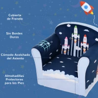 HOMCOM Sillón Infantil Sofá para Niños +12 Meses con Dibujos de Cohete Estructura de Madera Cubierta de Franela de Espuma 50x39x44cm Azul(m-4)