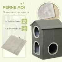 Pawhut Ansamblu de joaca pentru pisici cu strat dublu, pat pentru pisici de tip cabina cu perne moi care pot fi spalate, centru de activitati cu spatii multiple pentru pisici, gri(m-5)