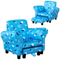 HOMCOM Toddler Chair Children's Armchairs Wood Frame w/ Footrest Anti-Slip Legs High Back Arms for Bedroom Playroom Cute Cloud Star Blue(m-1)