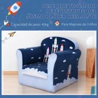 HOMCOM Sillón Infantil Sofá para Niños +12 Meses con Dibujos de Cohete Estructura de Madera Cubierta de Franela de Espuma 50x39x44cm Azul(m-7)
