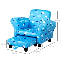 HOMCOM Toddler Chair Children's Armchairs Wood Frame w/ Footrest Anti-Slip Legs High Back Arms for Bedroom Playroom Cute Cloud Star Blue(m-3)