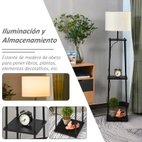 HOMCOM Lámpara de Pie Iluminación Moderna  Multifuncional con 3 Estantes de Almacenaje Interruptor de Pedal Diseño Elegante Pantalla de Tela 34,5x34,5x150 cm Negro y Crema(m-4)