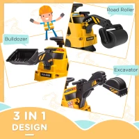 HOMCOM 3 in 1 Ride-On Excavator, Bulldozer, Road Roller, with Music, Anti-Roll Device, for Ages 18-48 Months - Yellow(m-4)