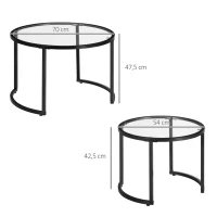HOMCOM Zestaw Stolików Pomocniczych, 2 Stoliki, Ø70 & Ø54 cm, Hartowane szkło, Czarna metalowa ram(m-3)