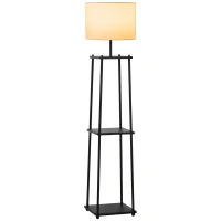 HOMCOM Lámpara de Pie Iluminación Moderna  Multifuncional con 3 Estantes de Almacenaje Interruptor de Pedal Diseño Elegante Pantalla de Tela 34,5x34,5x150 cm Negro y Crema(m-10)
