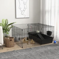 PawHut Small Animal Cage with Removable Play Area, Playpen with Hutch, incl. Accessories, Black(m-2)