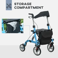 HOMCOM 4 Wheel Rollator with Seat and Back, Lightweight Folding Mobility Walker with Large Wheels, Carry Bag, Adjustable Height, Aluminium Walking Frame with Dual Brakes for Seniors, Blue(m-7)