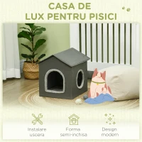 PawHut Pat de pestera pentru pisici , Casa portabila pentru animale de companie cu perna detasabila lavabila, Pat confortabil pentru pisici de interior cu 2 usi, 39 x 43,5 x 40,5 cm(m-6)