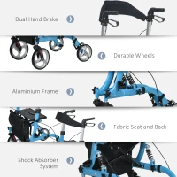 HOMCOM 4 Wheel Rollator with Seat and Back, Lightweight Folding Mobility Walker with Large Wheels, Carry Bag, Adjustable Height, Aluminium Walking Frame with Dual Brakes for Seniors, Blue(m-6)