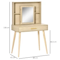 HOMCOM Coiffeuse avec miroir, étagères et tiroir, table de maquillage scandinave, pieds effilés bois d'hévéa, panneaux particules, naturel(m-3)