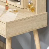 HOMCOM Coiffeuse avec miroir, étagères et tiroir, table de maquillage scandinave, pieds effilés bois d'hévéa, panneaux particules, naturel(m-9)