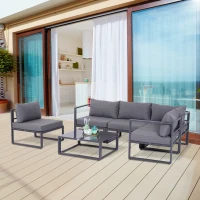 Outsunny 6 PCs Outdoor Indoor Sectional Corner Sofa Set Thick Padded Cushions Aluminium Frame 5 Seaters 1 Coffee Table Grey(m-2)