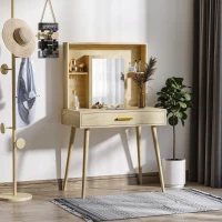 HOMCOM Coiffeuse avec miroir, étagères et tiroir, table de maquillage scandinave, pieds effilés bois d'hévéa, panneaux particules, naturel(m-7)