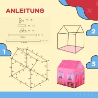 HOMCOM Kinderspielhaus Prinzessin Spielzelt Hausmuster 2 Türen ab 3 Jahren Rollenspiel Polyester Rosa 93 x 69 x 103 cm(m-4)
