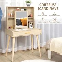 HOMCOM Coiffeuse avec miroir, étagères et tiroir, table de maquillage scandinave, pieds effilés bois d'hévéa, panneaux particules, naturel(m-4)