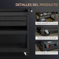 DURHAND Carro de Herramientas para Taller con Ruedas 2 Cajones y 3 Estantes para Garaje Mecánico Casa 76,5x39x79 cm Negro(m-7)