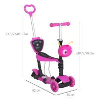 HOMCOM 5-in-1 Kids Toddler 3 Wheels Mini Kick Scooter Push Walker with Removable Seat & Back Rest for Girls and Boys Pink(m-3)