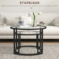 HOMCOM 2-delige Bijzettafels Salontafels Industrieel Design, Glazen Tafels, stapelbaar, Zwart + Transparant(m-4)