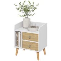 HOMCOM Chevet table de nuit design scandinave 2 tiroirs niche plateau pieds effilés inclinés bois massif chêne clair blanc(m-10)