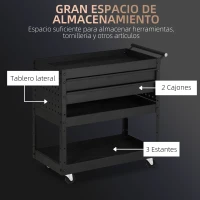 DURHAND Carro de Herramientas para Taller con Ruedas 2 Cajones y 3 Estantes para Garaje Mecánico Casa 76,5x39x79 cm Negro(m-4)