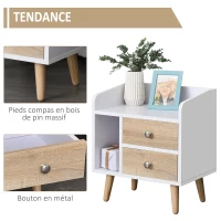 HOMCOM Chevet table de nuit design scandinave 2 tiroirs niche plateau pieds effilés inclinés bois massif chêne clair blanc(m-6)