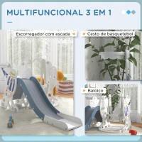 AIYAPLAY Conjunto de Escorregador e Baloiço para Crianças 3 em 1 Baloiço para Crianças de 18-48 Meses Escorregador e Cesto de Basquetebol 150x185x92 cm Branco e Azul(m-4)