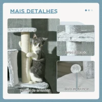 PawHut Arranhador para Gatos de Teto com Altura Ajustável Caverna Plataformas Rede Postes de Arranhar e Bolas Suspensas Ø60x225-255 cm Cinza(m-6)