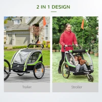 HOMCOM Child Bike Trailer 2 In 1 Baby Stroller 2 Seater Transport Carrier with Hitch Coupler, Brake, 5 Point Harness, Storage Bag, Reflector, Flag, Green(m-4)