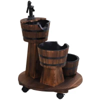 Outsunny Patio Wooden Water Fountain 3 Barrels Set with Wheels, Garden Decorative Ornament with Pump(m-1)