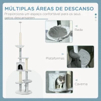 PawHut Arranhador para Gatos de Teto com Altura Ajustável Caverna Plataformas Rede Postes de Arranhar e Bolas Suspensas Ø60x225-255 cm Cinza(m-5)