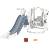 AIYAPLAY Conjunto de Escorregador e Baloiço para Crianças 3 em 1 Baloiço para Crianças de 18-48 Meses Escorregador e Cesto de Basquetebol 150x185x92 cm Branco e Azul(m-10)