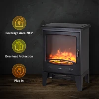 HOMCOM Tempered Glass Casing Electric Fireplace, Freestanding Electric Fire with Realistic Flame Effect, Log Burner with Overheat Protection, 950w/ 1850W, Black(m-4)