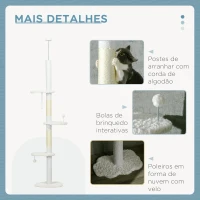 PawHut Arranhador para Gatos do Chão ao Teto com Altura Ajustável e 3 Plataformas em Forma de Nuvem 48x32x225-255 cm Branco(m-6)
