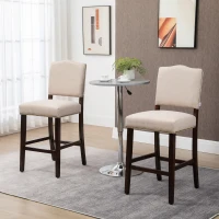 HOMCOM Modern Fabric Bar Stools Set of 2, Thick Padding Kitchen Stool, Bar Chairs with Back, Nailhead Trim, Wood Legs, Beige(m-10)