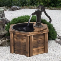 Outsunny Wooden Electric Water Fountain Garden Ornament w/ Hand Pump Plastic Well Classic Water Pump Feature Decoration Suitable For Garden Patio Oasis(m-2)
