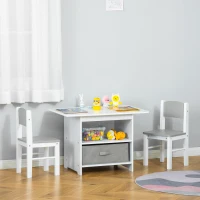 HOMCOM 3 Pcs Kids Table & Chairs Set Mini Seating Furniture Home Playroom Bedroom Dining Room w/ Storage Drawers Safe Corners for 2-4 Years old White(m-10)