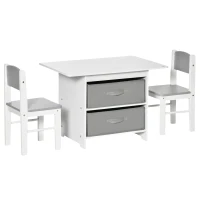 HOMCOM 3 Pcs Kids Table & Chairs Set Mini Seating Furniture Home Playroom Bedroom Dining Room w/ Storage Drawers Safe Corners for 2-4 Years old White(m-1)