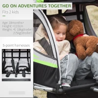 HOMCOM Child Bike Trailer 2 In 1 Baby Stroller 2 Seater Transport Carrier with Hitch Coupler, Brake, 5 Point Harness, Storage Bag, Reflector, Flag, Green(m-6)