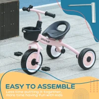 AIYAPLAY Kids Trike, Tricycle, with Adjustable Seat, Basket, Bell, for Ages 2-5 Years - Pink(m-7)