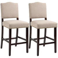 HOMCOM Modern Fabric Bar Stools Set of 2, Thick Padding Kitchen Stool, Bar Chairs with Back, Nailhead Trim, Wood Legs, Beige(m-11)