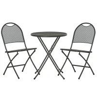 Outsunny 3 Piece Garden Bistro Set w/ Foldable Design Mesh Metal Outdoor Coffee Table Set Two Chairs Dark Grey(m-1)