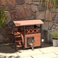 PawHut Cat House Outdoor w/ Balcony Stairs Roof, 77 x 50 x 73 cm, Brown(m-10)