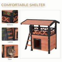 PawHut Cat House Outdoor w/ Balcony Stairs Roof, 77 x 50 x 73 cm, Brown(m-4)