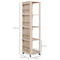 HOMCOM Libreria Portariviste Moderna a 4 Ripiani in Legno con Rotelle, 40x40x150cm, Quercia(m-3)