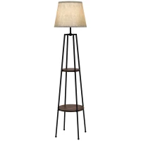 HOMCOM Lampada da Terra a 2 Ripiani in Metallo e MDF con Paralume in Tessuto, Ø42x166 cm, Nero e Marrone(m-10)